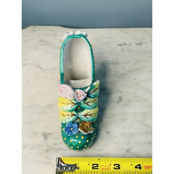 Vintage Hand Painted Shoe High Heel Polka Dots 3D Flowers Leaf Green 4" Japan - Picture 8 of 11
